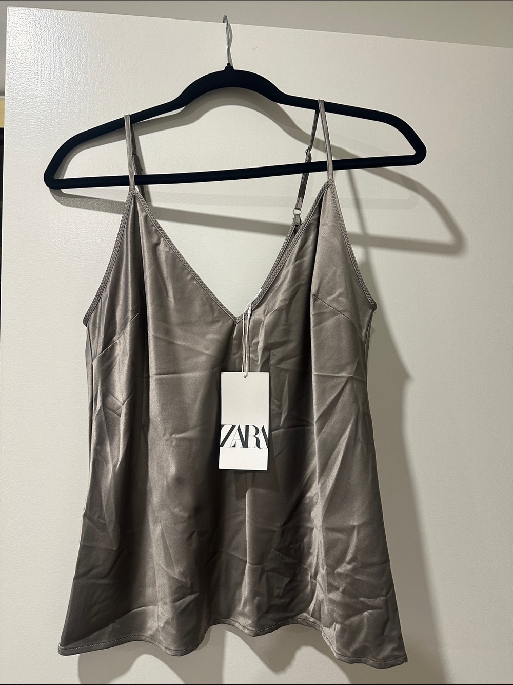 Zara Metallic Gray Satin V-Neck Cami